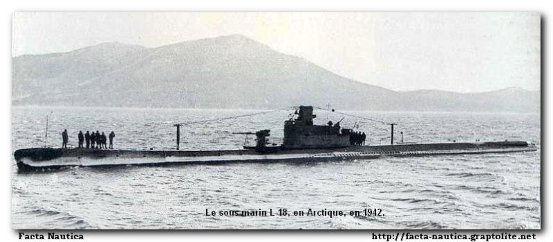 Radziecki podwodny stawiacz min L-18 (typ L seria XIII) na wodach Arktyki w 1942 roku. The Soviet submarine layer L-18 (Type L series XIII), Arctic, 1942.