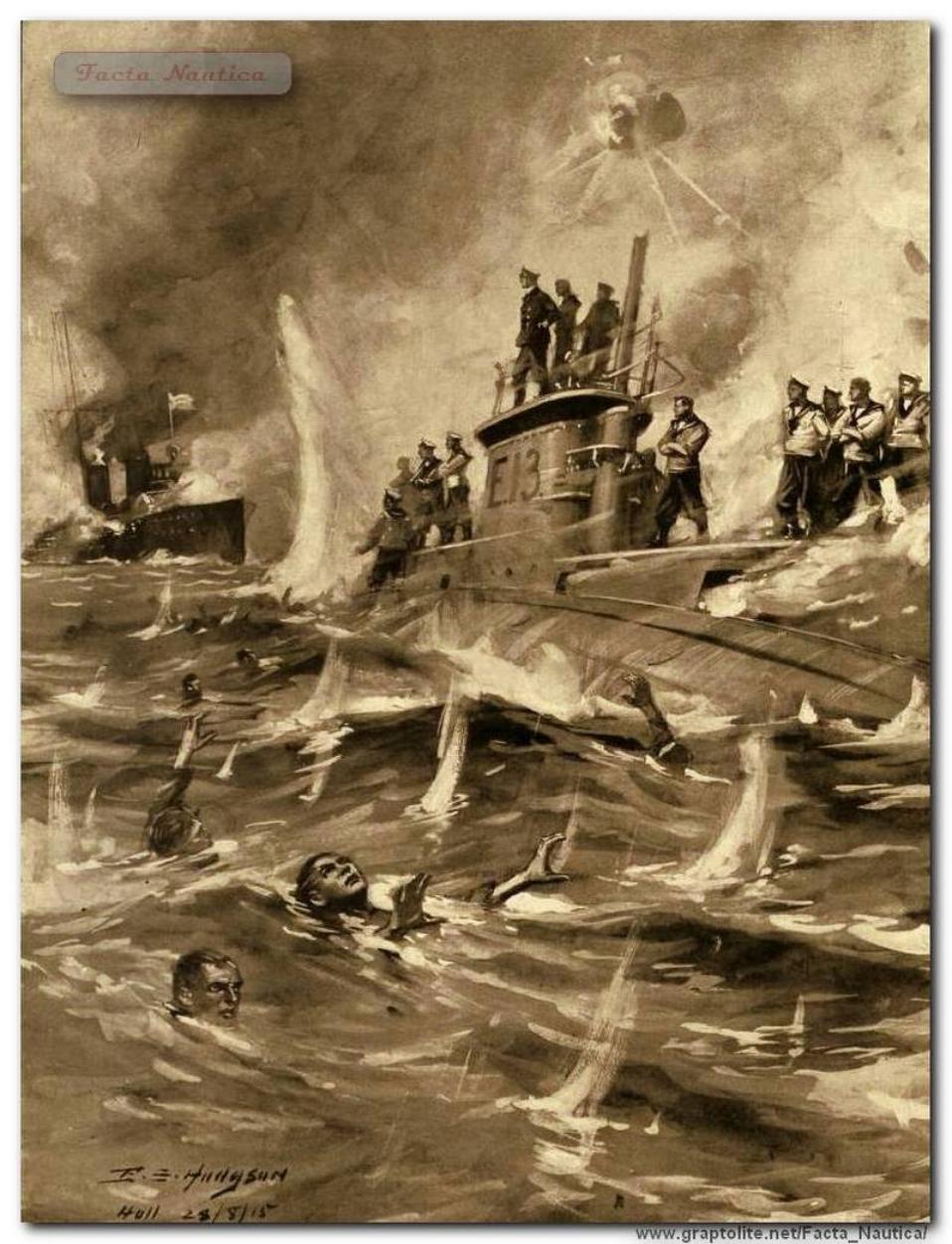 Brytyjski okr�t podwodny HMS E13 ostrzeliwany przez niemieckie torpedowce - 19 sierpnia 1915. 19 August 1915: The German torpedo boat attacks stranded British submarine HMS E13 in Danish waters and shoots crew. 